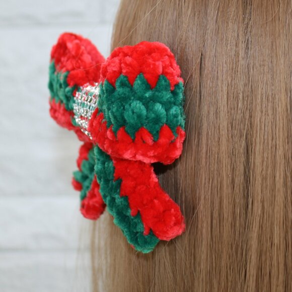 HAND CRAFTED Hairbow Kids Christmas Crochet Chenille Velvet Hair Barrette Stripe - Picture 4 of 12
